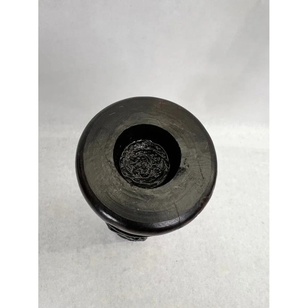 Hand Carved African Ebony Wood Candlestick Holder Tribal Figures Dark Wood 11in